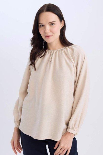 Crew Neck Button Detailed Raglan Sleeve Long Sleeve Blouse D1075Ax24Au