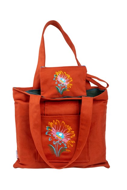 Butikmutik Lotus Çiçeği Nakışlı Fermuarlı Kanvas Bez Çanta ve Cüzdan Takımı (Taba)