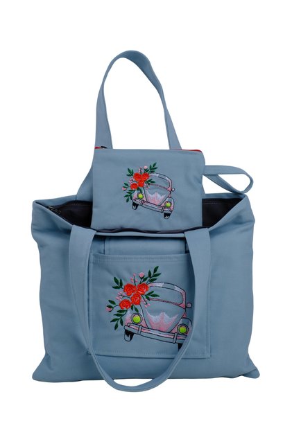 Butikmutik Güllü Vosvos Nakışlı Fermuarlı Kanvas Bez Çanta ve Cüzdan Takımı (Mint)
