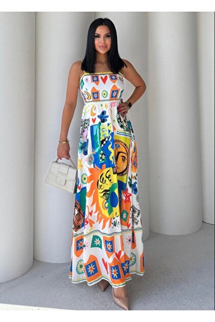 Women's Strappy Square Collar Back Elastic Multicolored Patterned Lined Maxi Dress