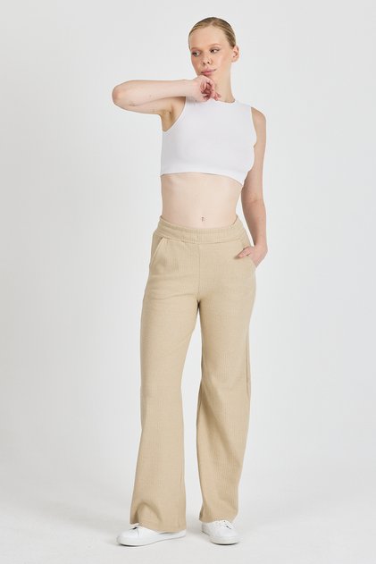 Women's Beige High Waist Wide Leg Camisole Ribbed Pocket Pants Sweatpants