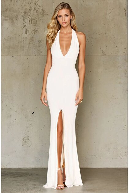 OLSAMODA Women's V-Necklace Back Decollete Slit Lycra Flexible Fabric Maxi  Size Evening Dress- Trendyol