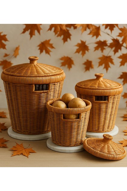 Patates Soğan, Sarımsak Sepeti 3‘ Lü Rattan Sepet - Mutafak Düzenleyici Organizer IHSA0221