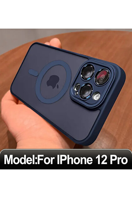 جراب شحن لاسلكي مغناطيسي مقاوم للصدمات صلب لهاتف iPhone 12 Pro أزرق داكن غير لامع