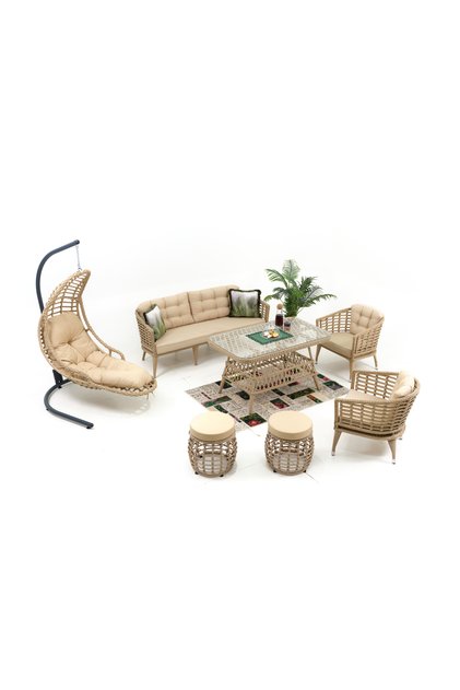 Linda Rattan Bahçe Balkon Oturma Grubu (3 1 1 MASA 2 PUF) Salıncak