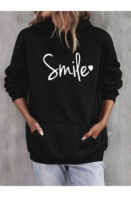 Smile Sweatshirt - Black Printed Oversize Hoodie