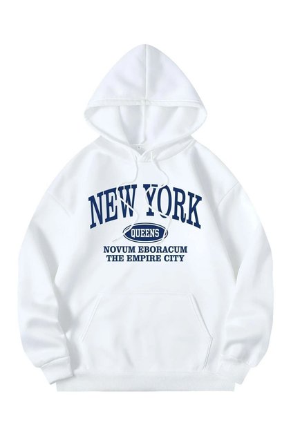 New York Queens Sweatshirt - White Printed Oversize Hoodie