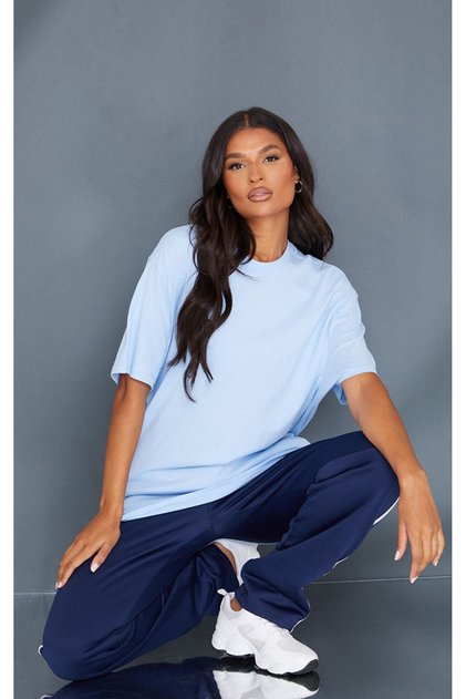 Plain Single Jersey T-Shirt - Baby Blue Oversize Crew Neck Short Sleeve T-Shirt
