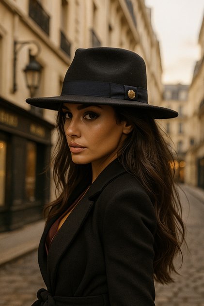 Women's Black Wide Brim Hat - Gold Color Buttons, Black Band, Stylish and Modern Design Spk1145