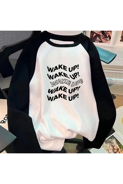 Wake up Printed Raglan Long Sleeve Printed White T-Shirt