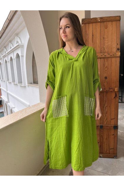 Women's Hooded Studded 2 Pockets Linen Long Dress