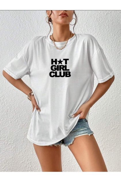 White Women's Unisex Oversize Combed Cotton T-Shirt Hot Girl Club Design Printed Women's Short Sleeve T-Shirt