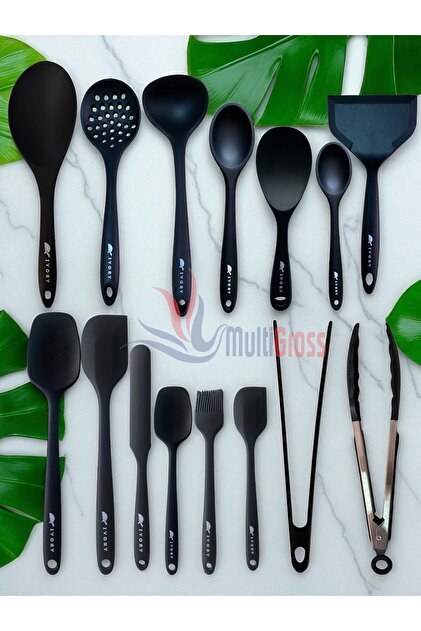 İvory Isıya Dayanıklı Silikon Maşa Kevgir Kepçe Spatula Kaşık Seti (30-28-22-20 cm) 15 Parça