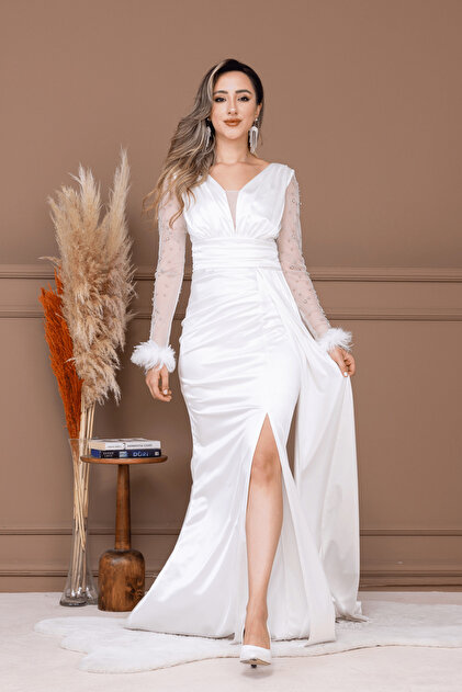 BEYBOS Satin Sleeves, Beaded Detail Fish Dress - White- Trendyol