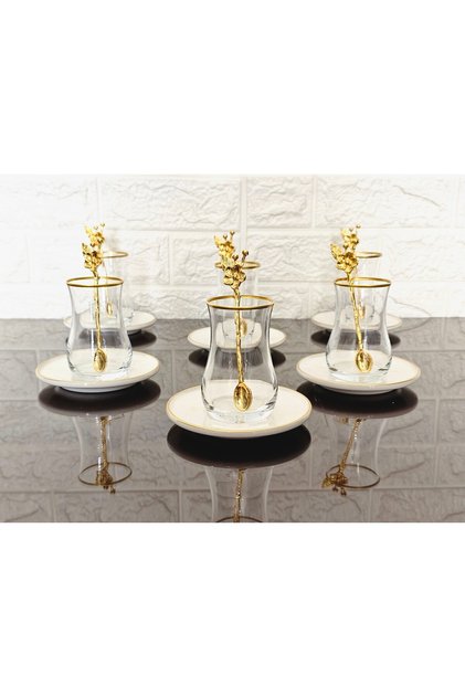 18 Pieces Porcelain Plate Tea Set - 6 Cup - 6 Plate - 6 Japanese Rose Spoon - Eva Cup with Gold Details