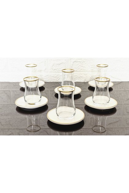 12 Pieces Porcelain Plate Tea Set - 6 Cups - 6 Plates Eva Cup with Gold Details