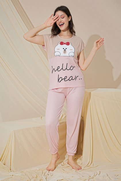 Women's Low-Waisted Pajama Set with Short-Sleeve Pockets
