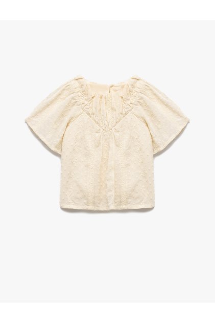 Short Sleeve Balloon Sleeve Textured Gathered Neckline Blouse