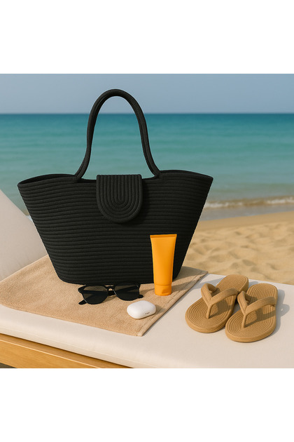 Black Color Beach Bag Daily Use Long Handle Shoulder Bag Handmade Magnetized Natural Trend Bag
