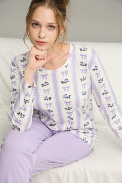 lila kurdele desenli Örme Pamuklu Pijama Takım25240270