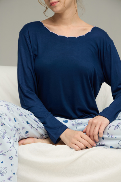 Navy Blue Patterned Knitted Cotton Pajamas Suit25240249