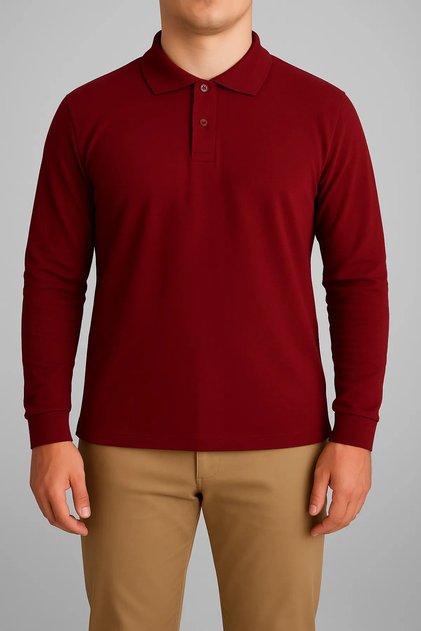 Unisex Burgundy Long Sleeve Polo Neck Lacoste T-Shirt – School High School Adult Suitable for Use 100% Cotton