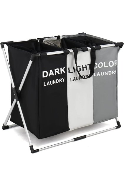 SKY-TOUCH Laundry Basket Hamper, Dirty Clothes Basket, 3-Section Clothes Sorter Bin with Handle, Fol