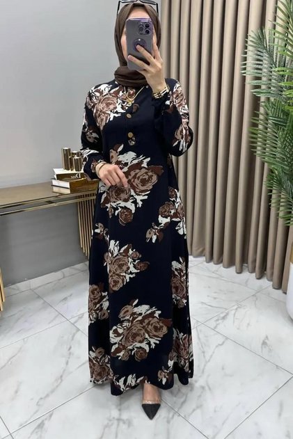 BİLGE ELBİSE 1. Sınıf Viskon Kumaş Kahverengi Kadın Gül Desenli Tesettür Elbise