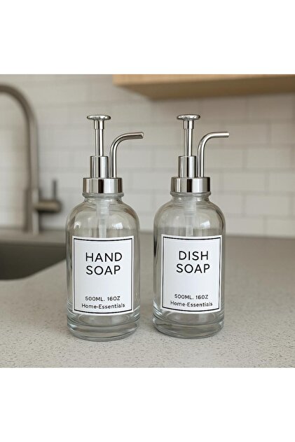 Gümüş pompalı cam sıvı sabunluk 500 ml modern sıvı sabunluk 2li set