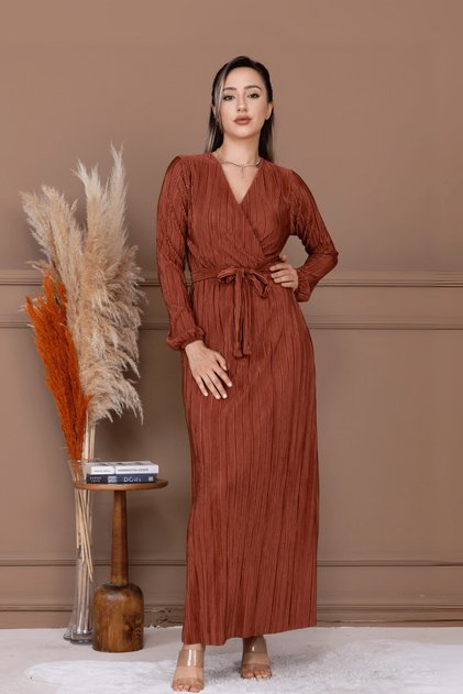 Pleated Belted Long Dress - Brown