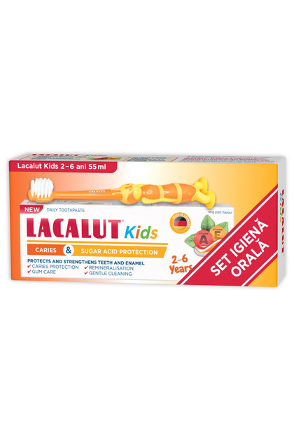 Pasta de dinti Kids 2-6 ani protectie anticarie si zaharuri, 55 ml + periuta