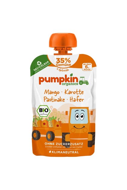 Piure Bio de mango, morcov, pastarnac si ovaz, +6 luni, 100 g, Pumpkin Organics