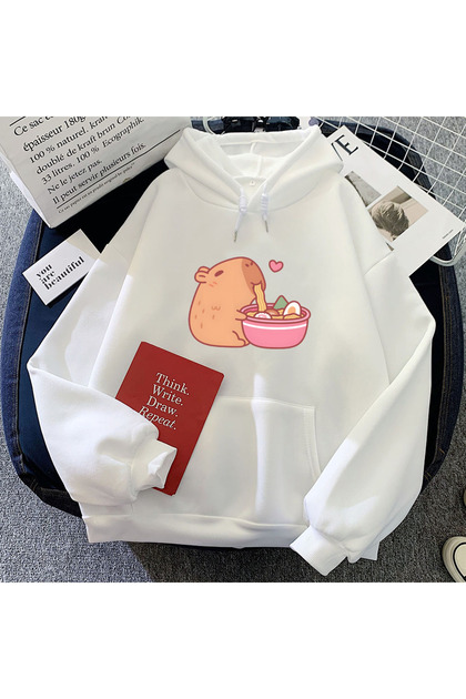 White Cute Capybara Eating Ra Hoodies Kawaii Cartoon Graphicul