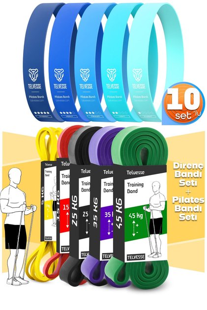 10lu TERA SET 5+15+25+35+45 KG + 5Li Pilates Direnç Bandı Barfiks Lastiği Loop Band Mavi Ton