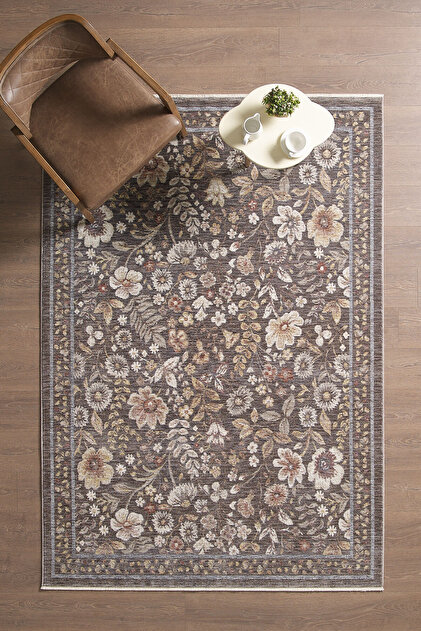 Frezia Floral Bambu Polyester Oturma Odası Salon Mutfak Halısı Eskitme Çiçekli Vintage Halı