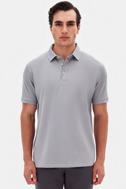 Ds Damat Regular Fit Gray Pique Textured 100% Cotton Polo T-Shirt