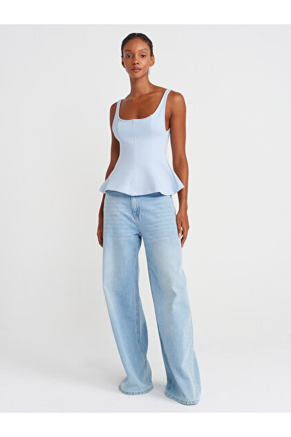 Dilvin 21063 Thick Strap Peplum Top-Light Blue- Trendyol