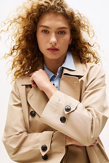 Tommy Hilfiger Kadın Pamuklu Normal Kesim Kısa Bej Mont