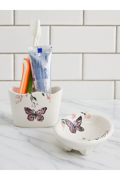 2’li Banyo Seti - Kelebek Katı Sabunluk & Diş Fırçalık , Süngerlik - El Yapımı Seramik Hediyelik