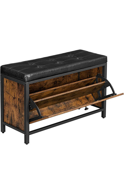 Banchetă pentru pantofi cu organizator, cu clapă, 30x80x51cm, vintage industrial, maro cu negru