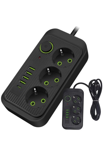 Prelungitor 3 prize, 4 porturi USB + 1 Type-C, cablu 2 m, buton on/off, multifunctional