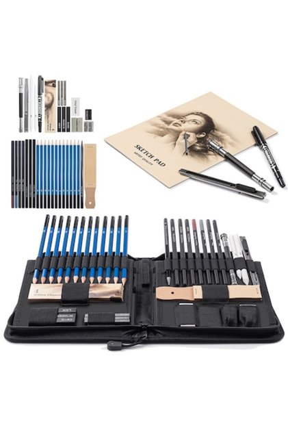 Set creioane pentru schițat și desen, 42 de bucăți, grafit, cărbune