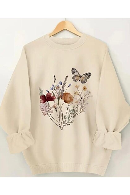Flowers Printed Crew Neck Fleece Sweatshirt