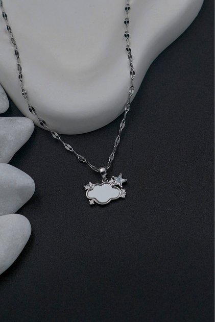 Silver Stainless Steel Women's Necklace with Cloud and Star Figures Zircon Stone