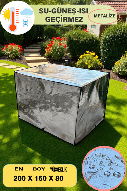 GÜMÜŞ GRİ Güneş Su Geçirmez 200x160x80 Cm Bahçe Masa Sandalye Mangal Barbekü Koruma Örtüsü Branda