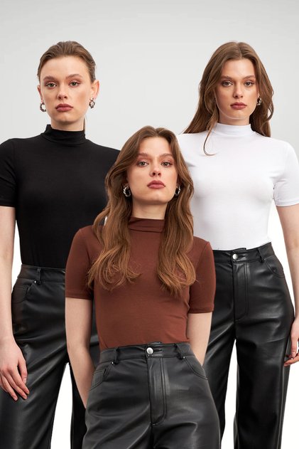 Women's 3 Pack Black Bitter Brown White Short Sleeve Blouse