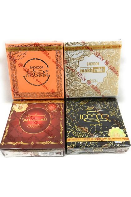 Bakhoor 4 Variety Pack Incense (1 each of Bakhoor (Touch Me), Nasaem, Black (Etisalbi)