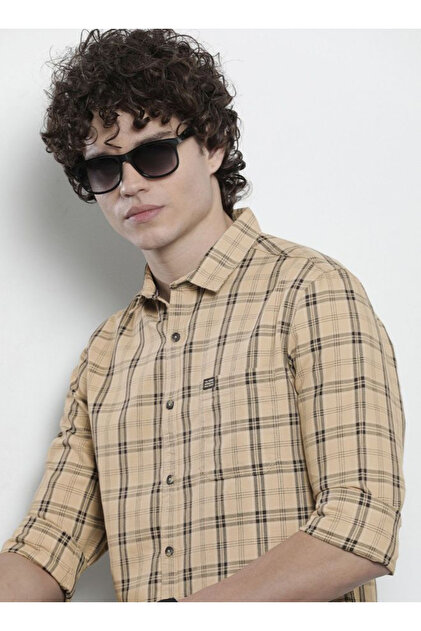Men Beige Slim Fit Checked Casual Shirt