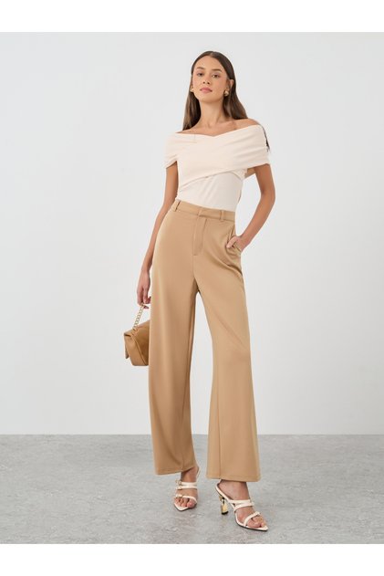 Women Beige Stretch Wide Leg Pants with Side Pockets