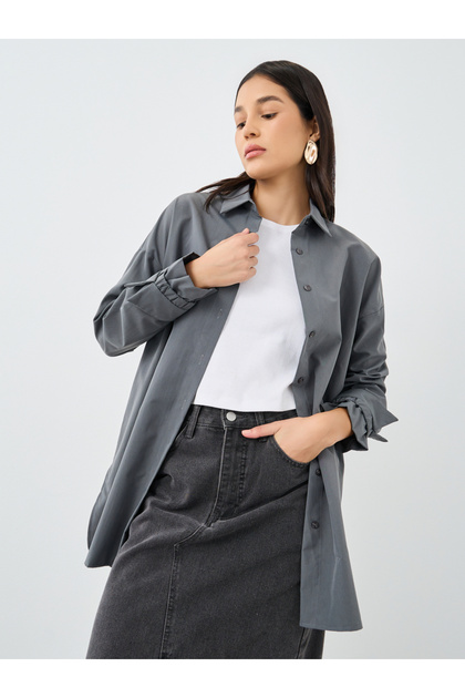 Women Grey Tie Cuff Longline Shirt